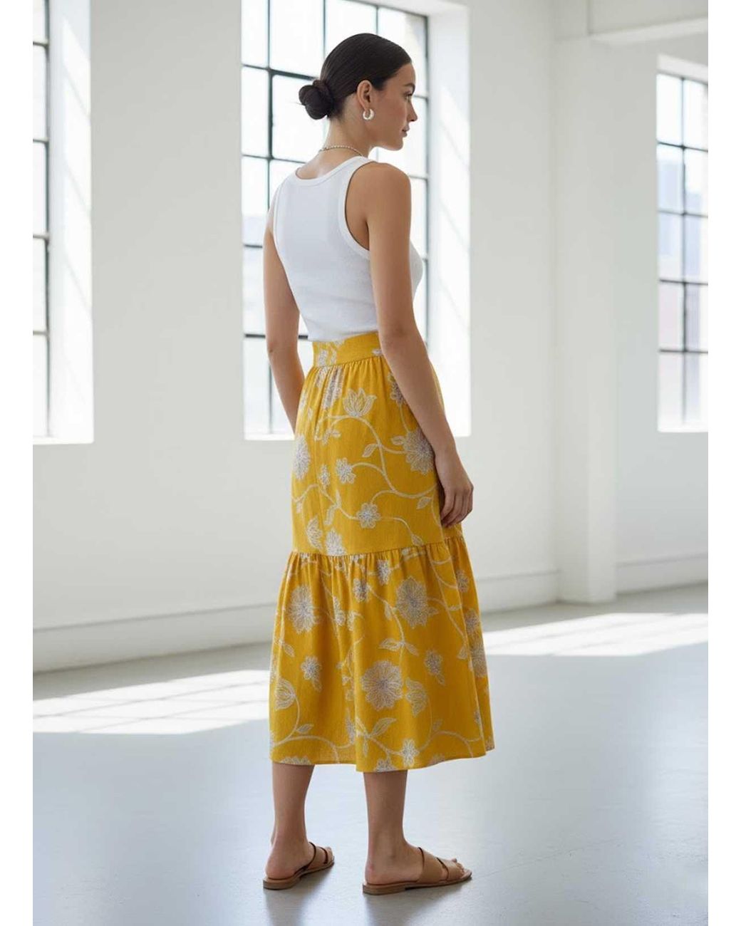 Conquista Yellow Floral Print Tiered Midi Skirt