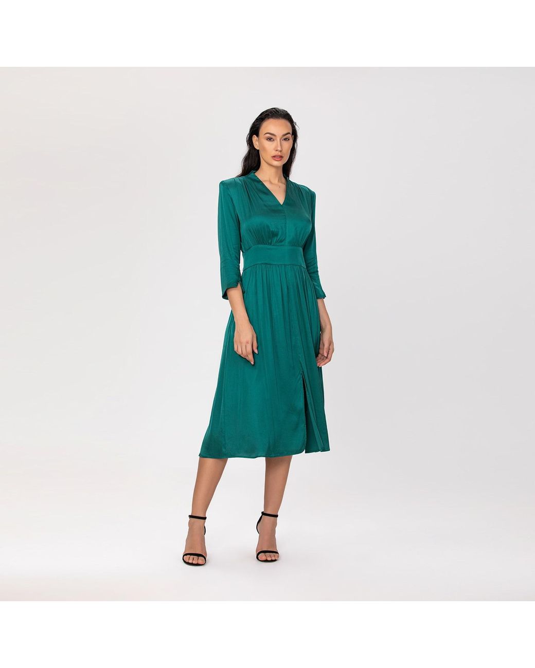 Smart and Joy Green Fit-And-Flare Satin And Jacquard Dress