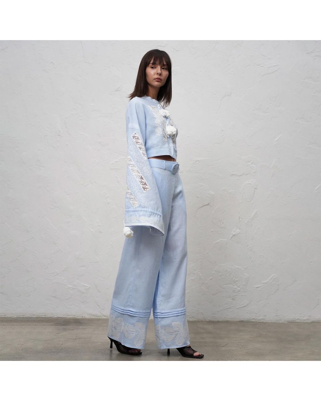 Annabo Blue Desert Rose Wide-Leg Linen Pants