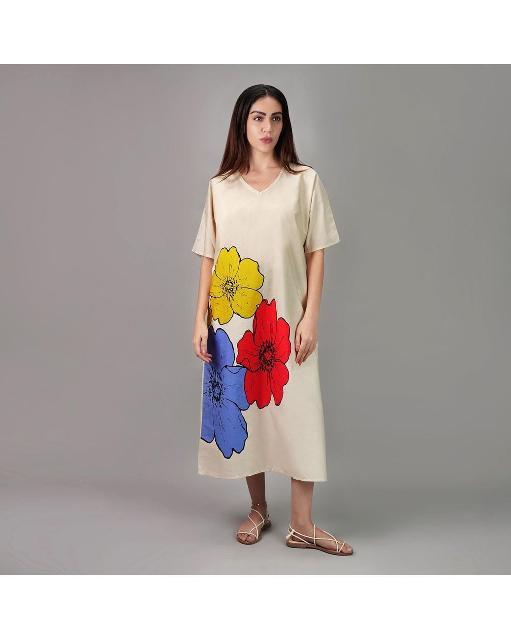 DHARA SHETH DUBAI Red No Three Floral Art Long Cotton Kaftan Dress