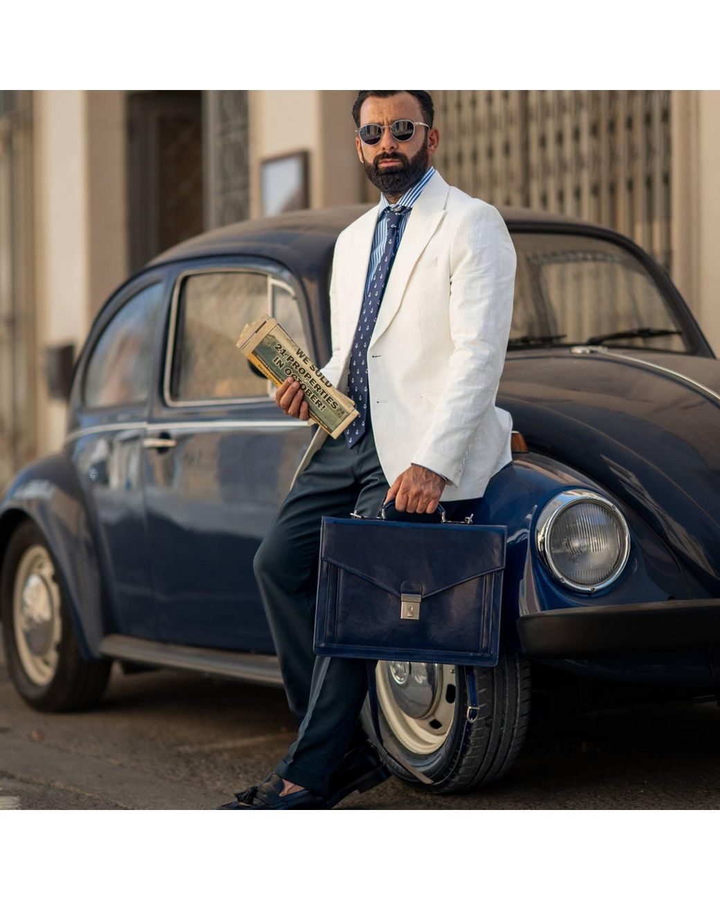 Time Resistance Blue Classic Design Leather Briefcase for men