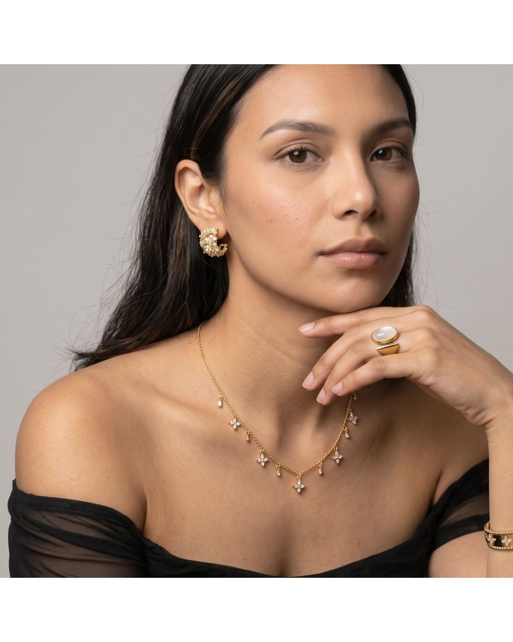 Uchi and Soto Metallic Kinmokusei Floral & Stone Hoop Earrings