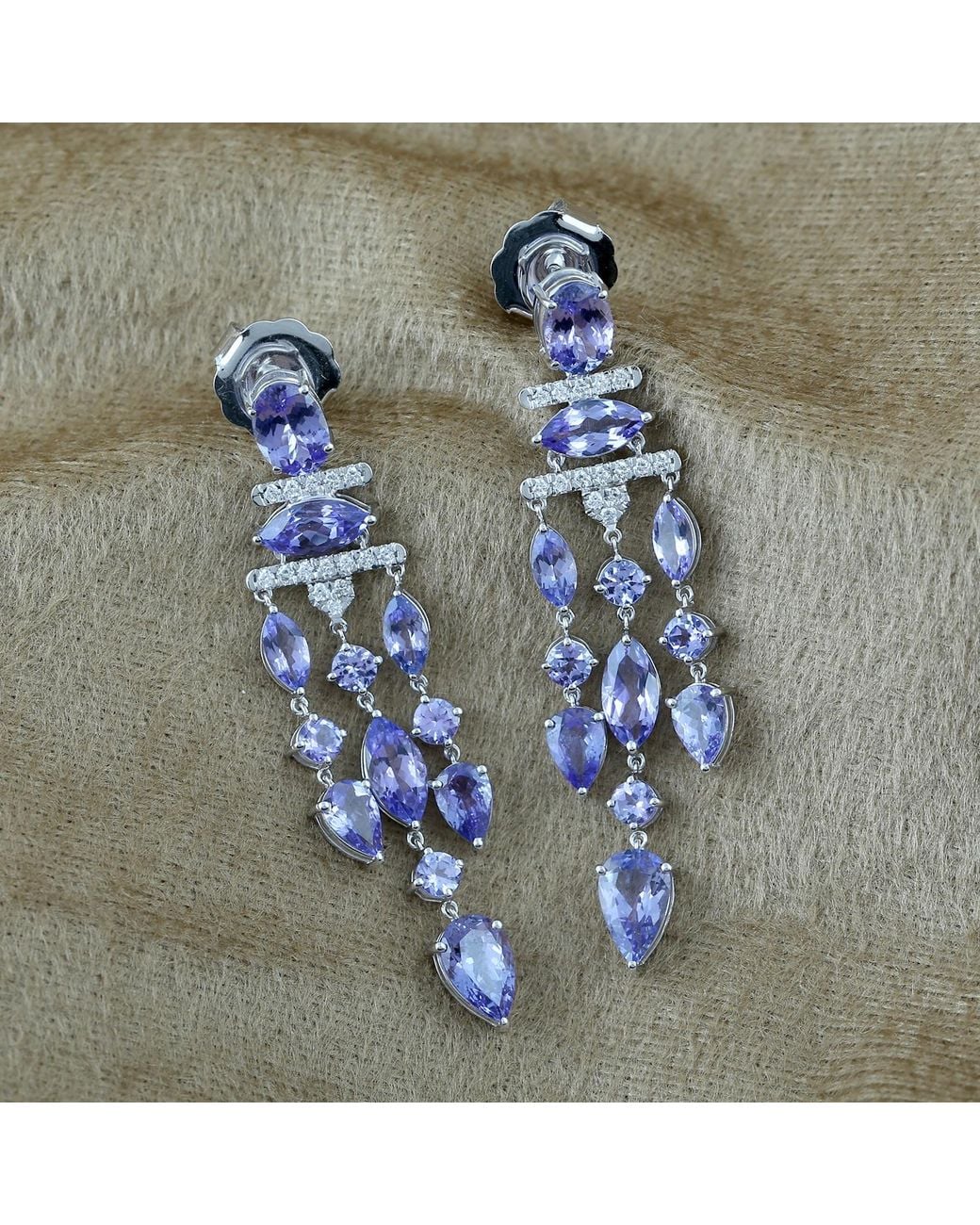 Artisan Blue White Gold Chandelier Earrings Diamond Tanzanite Gemstone Jewelry