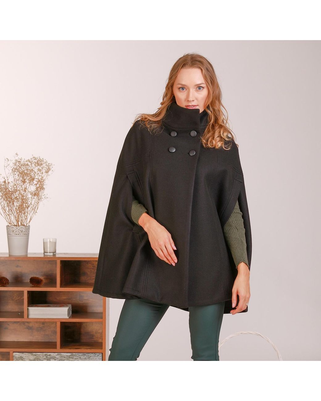 Nikka Place Black Wool Military Pea Coat With Front Buttons & High Neck