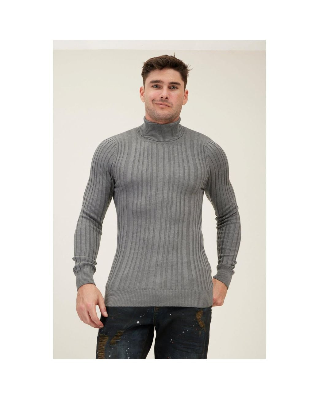 Ron Tomson Gray Roll Neck Ribbed Sweater for men