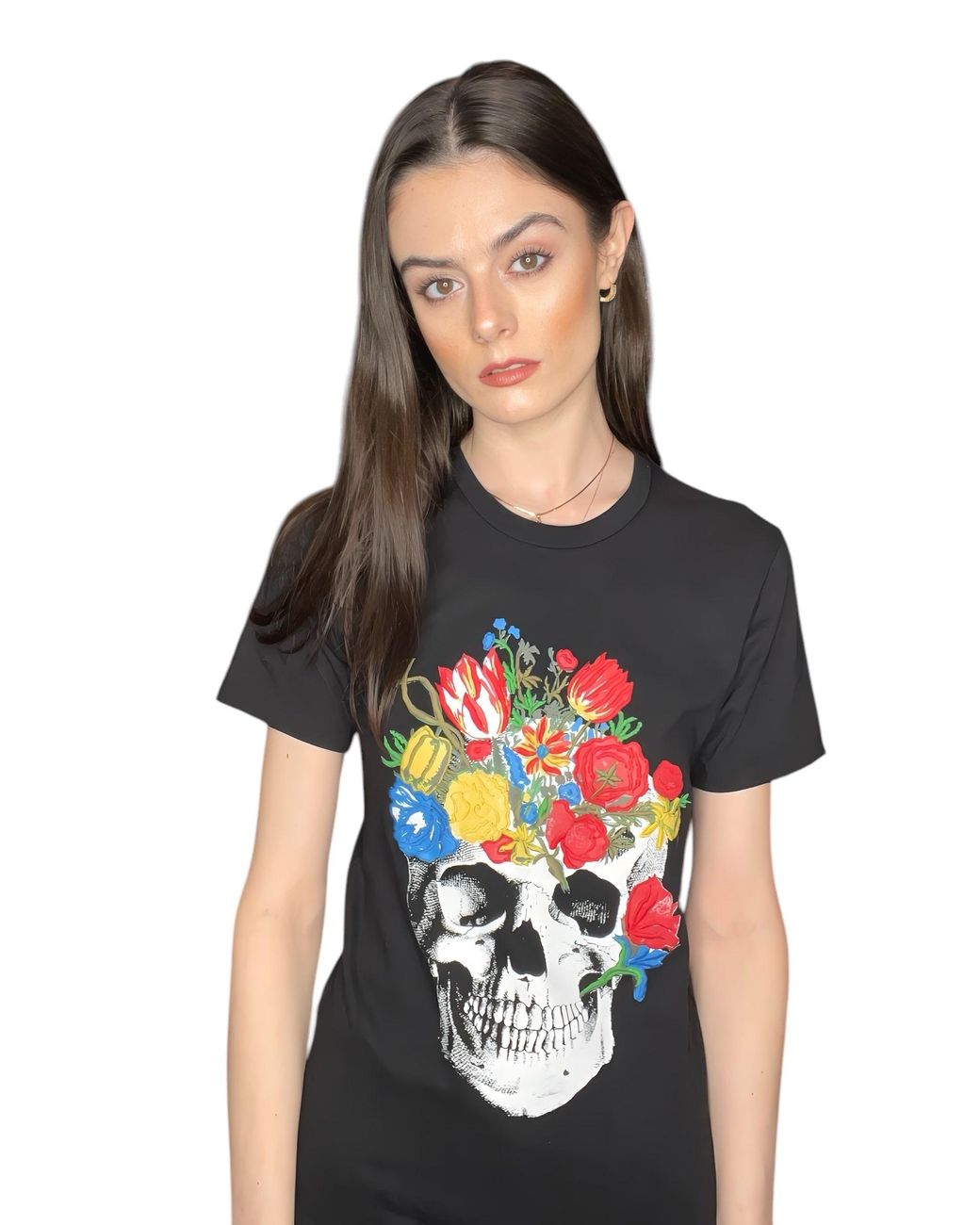 Any Old Iron Black Skull Bouquet Embroidered T-Shirt