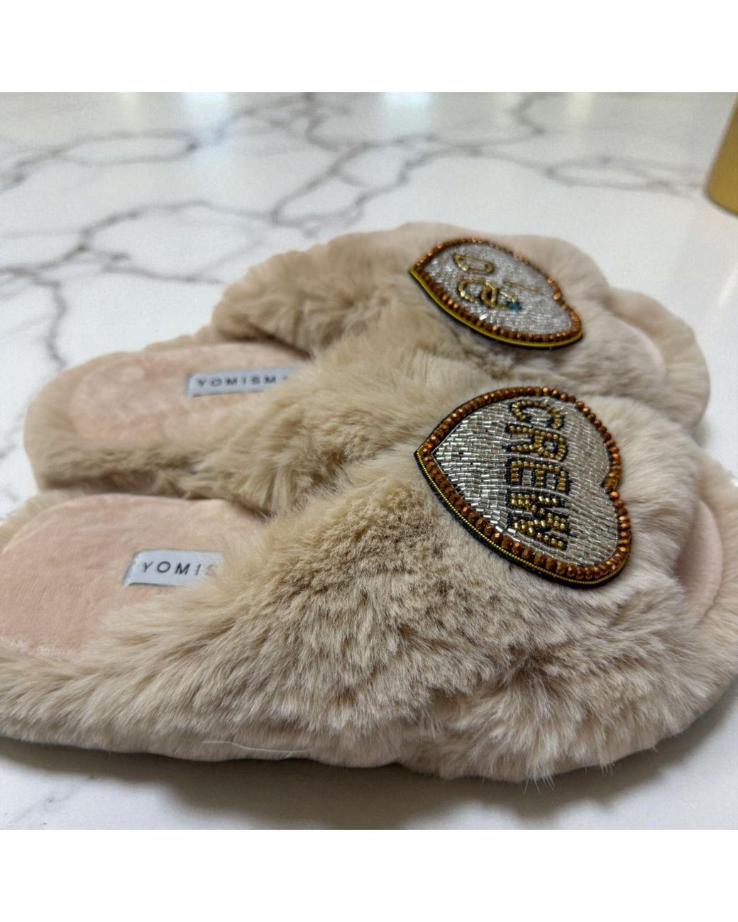 Yomisma Metallic Neutrals Eco Faux Fur Slippers – Recycled Faux Fur + I Do Crew Wedding Removable Hand Beaded Brooches