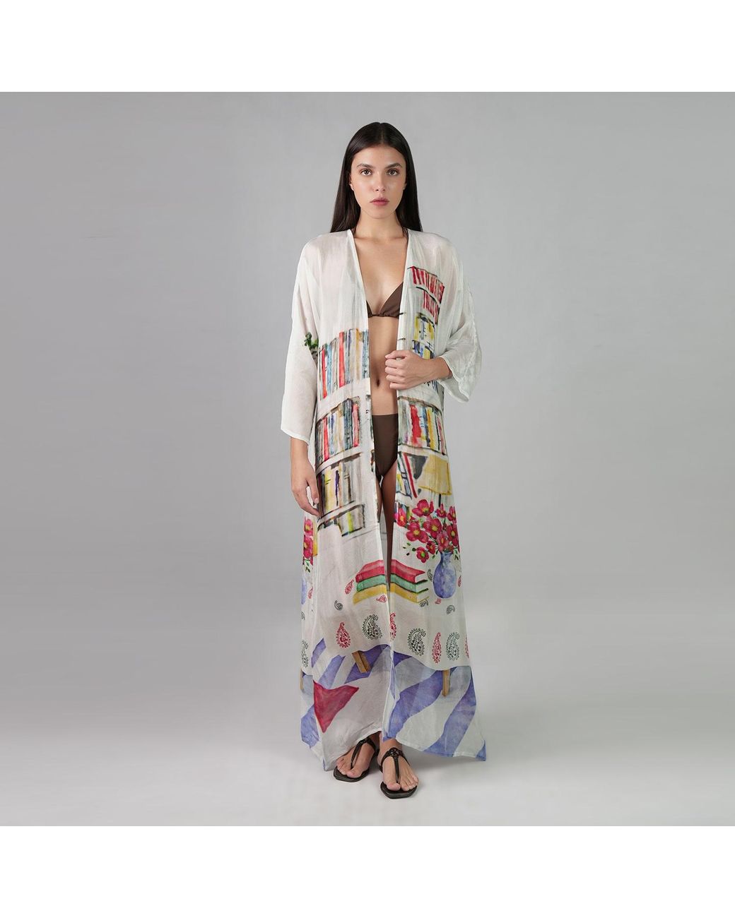 DHARA SHETH DUBAI White Abode Artistic Bookshelf Kimono Dress - & Library Print