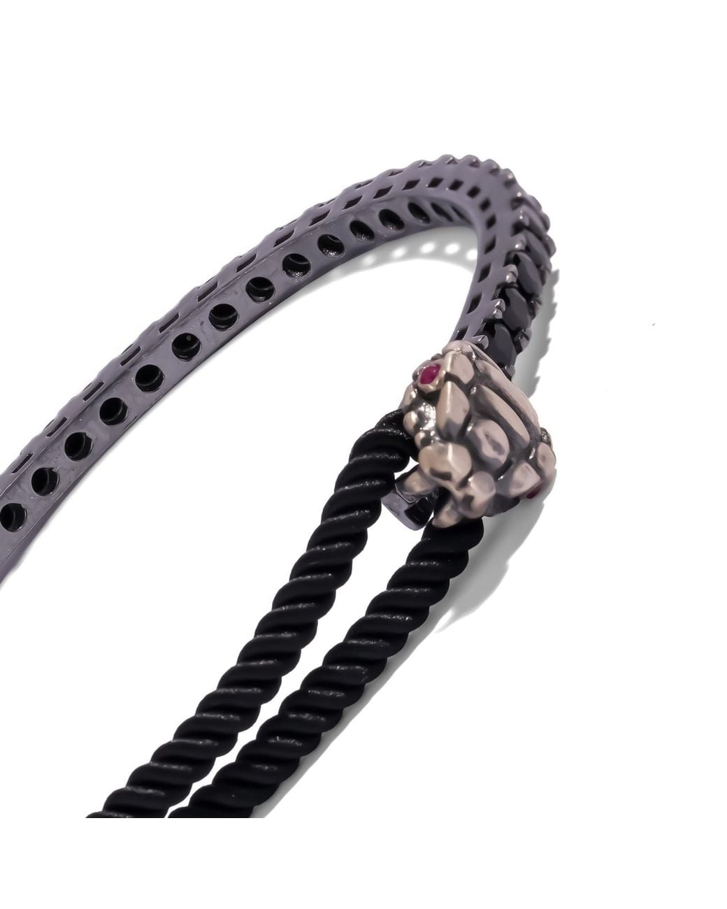 Ebru Jewelry Blue Ruby Eye Snake Diamond Oxidized Sterling Cord Bracelet for men