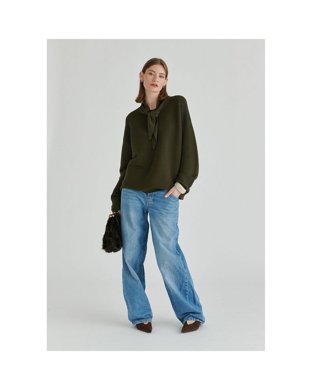 Paisie Green Ribbed Jumper With Attached Scarf Tie