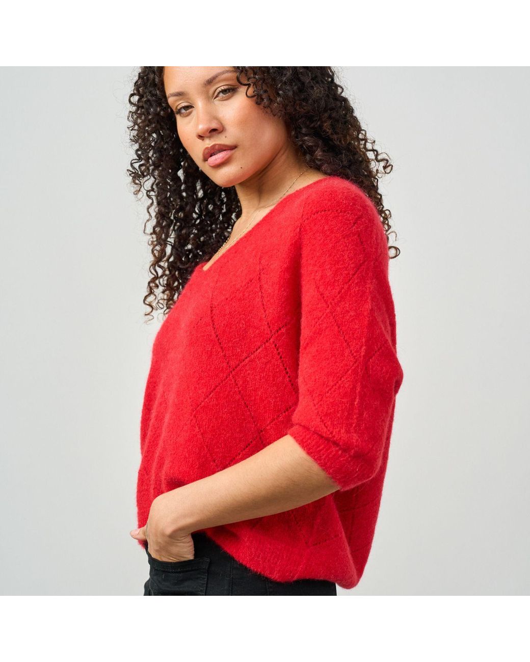 Luella Fashion Red Montrose Short Sleeve V-Neck Diamond Pattern Alpaca Knit Jumper