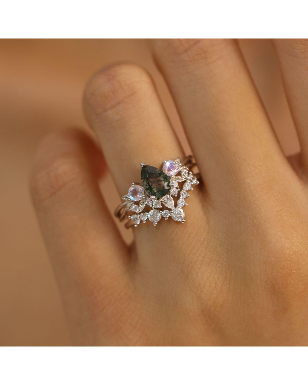 Azura Jewelry New York Blue Laurel Grove Moss Agate Moonstone Ring Vermeil