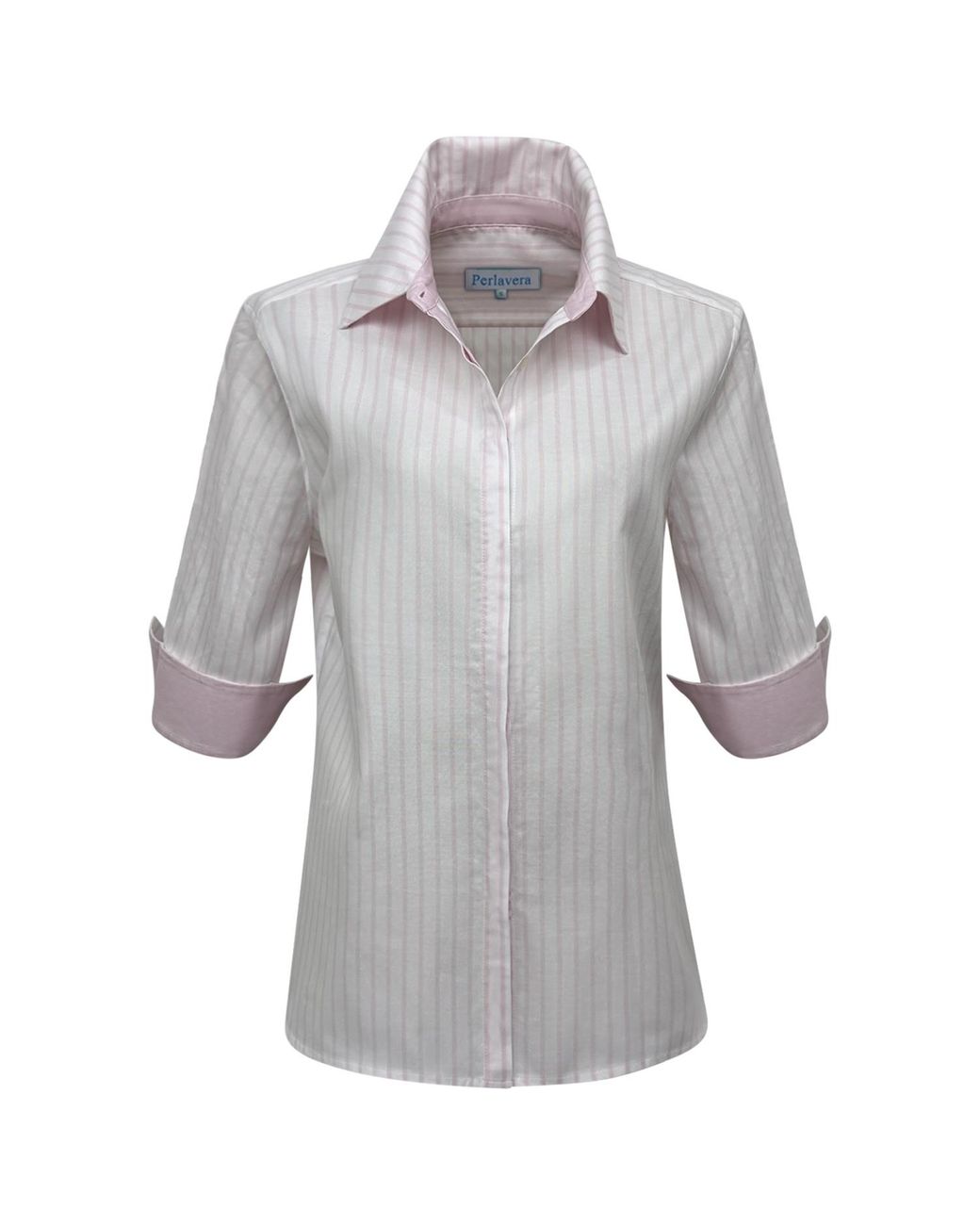 Perlavera Gray Sam Blush Stripe Hidden Placket Three Quarter Sleeve Slim Fit Cotton Oxford Shirt