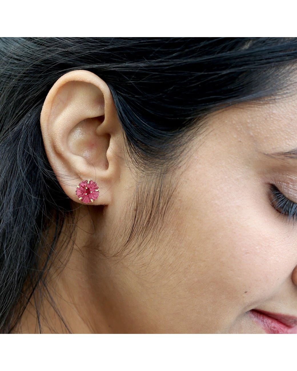 Artisan Red 14K Carved Tourmaline & Ruby Flower Stud Earrings