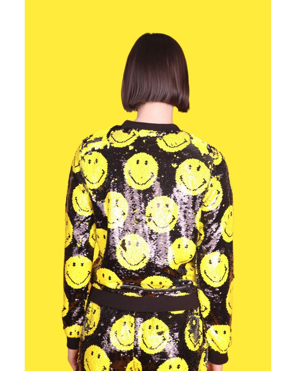 Any Old Iron Yellow Smiley Reversible Sequin Bomber Jacket