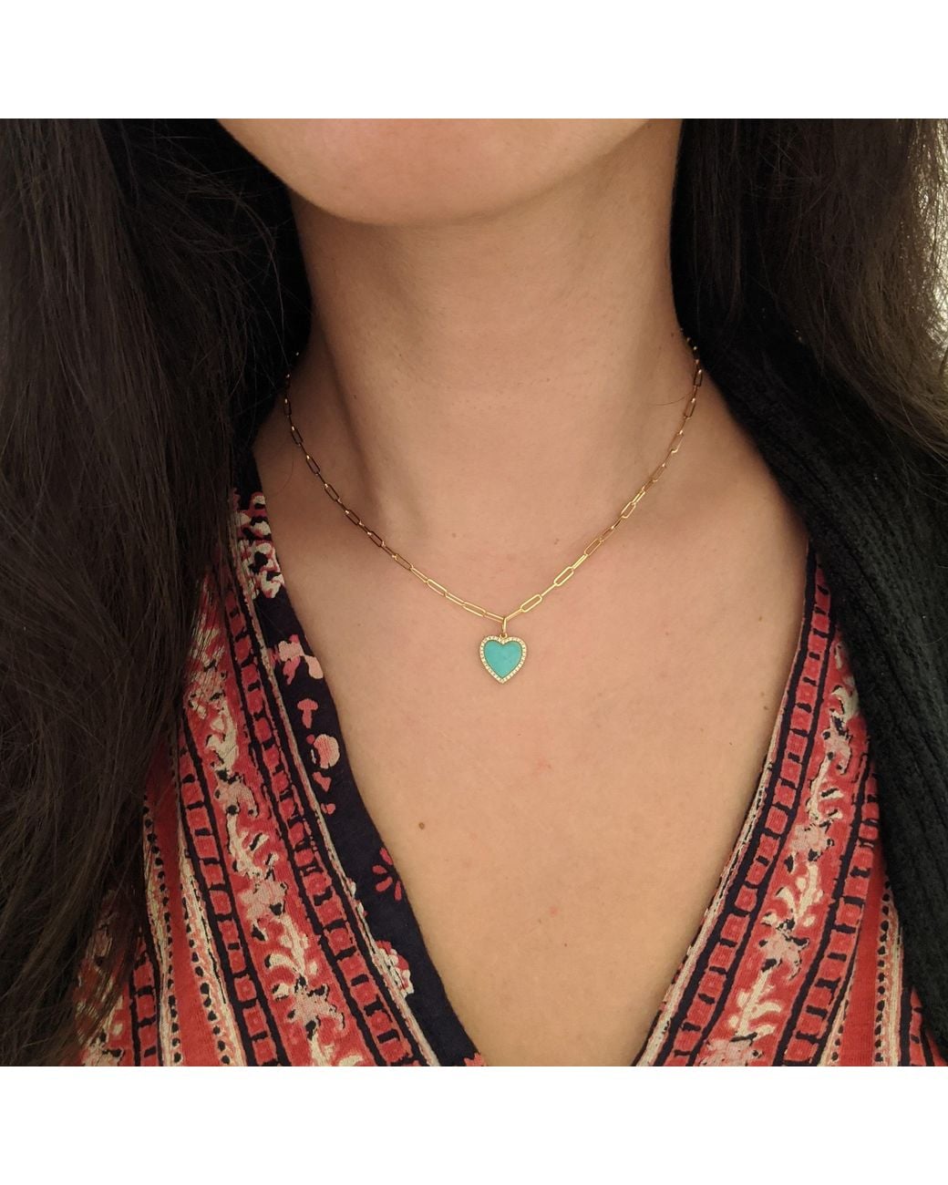 KAMARIA Metallic Heart Necklace With Diamonds On Paperclip Link Chain