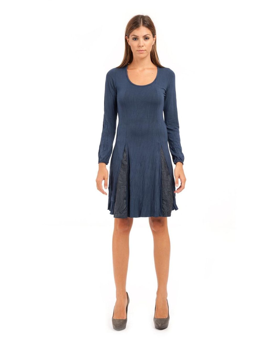 Conquista Blue Long Sleeve A Line Jersey Dress With Creased Fabric Detail