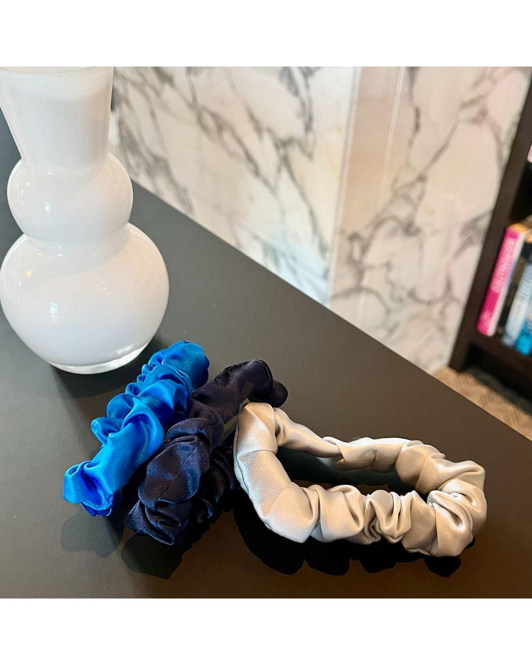 Soft Strokes Silk Blue Set Of Three Pure Mulberry Silk Mini Scrunchies Weekly Special Hair Ties Coastal Waves