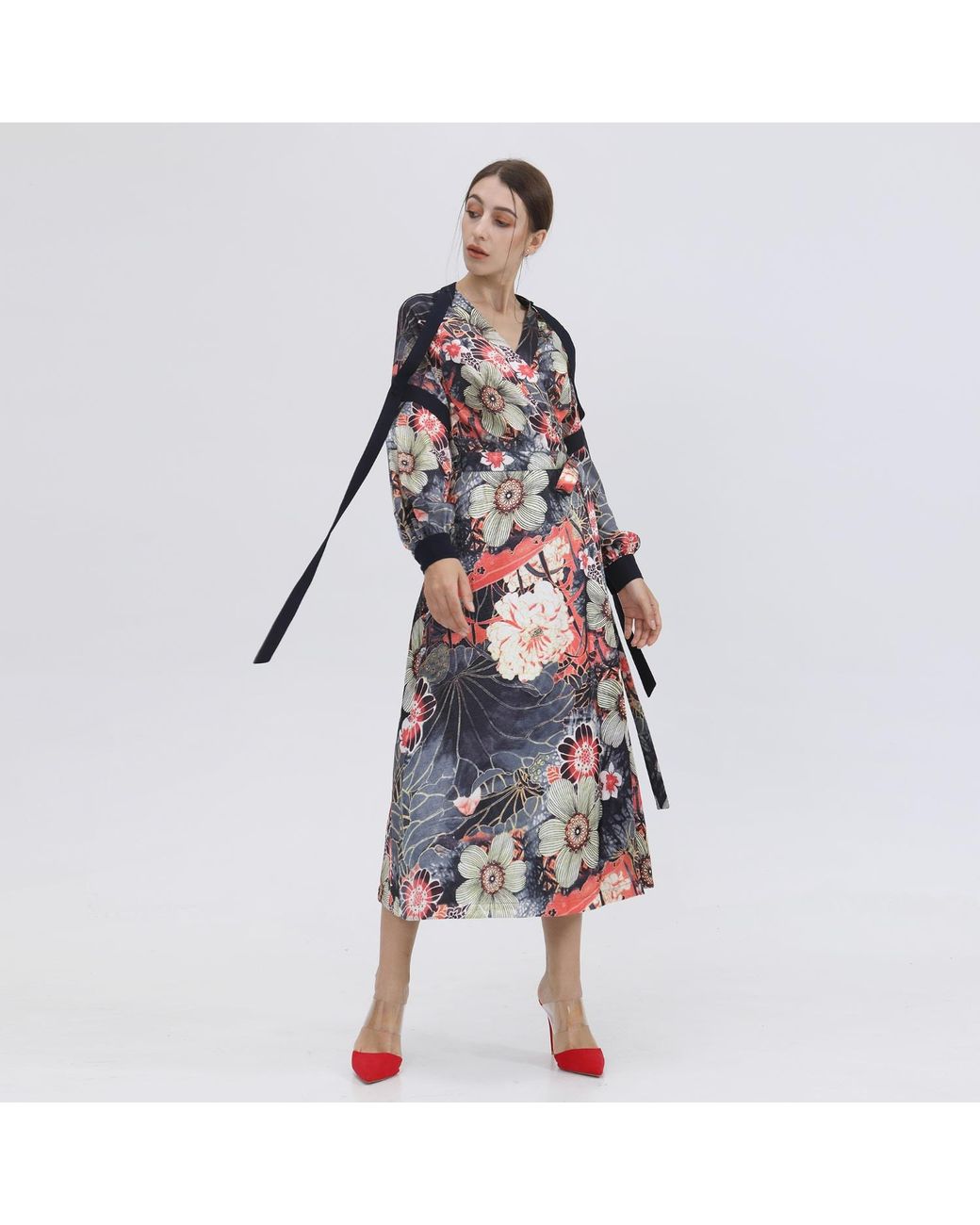 Smart and Joy Red Wrap Dress With Flower Print And Satin Bias