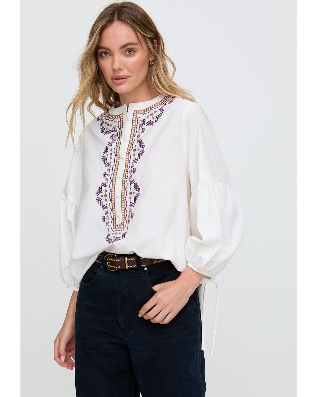Raffya Natural Anai Half Placket Embroidered Blouse