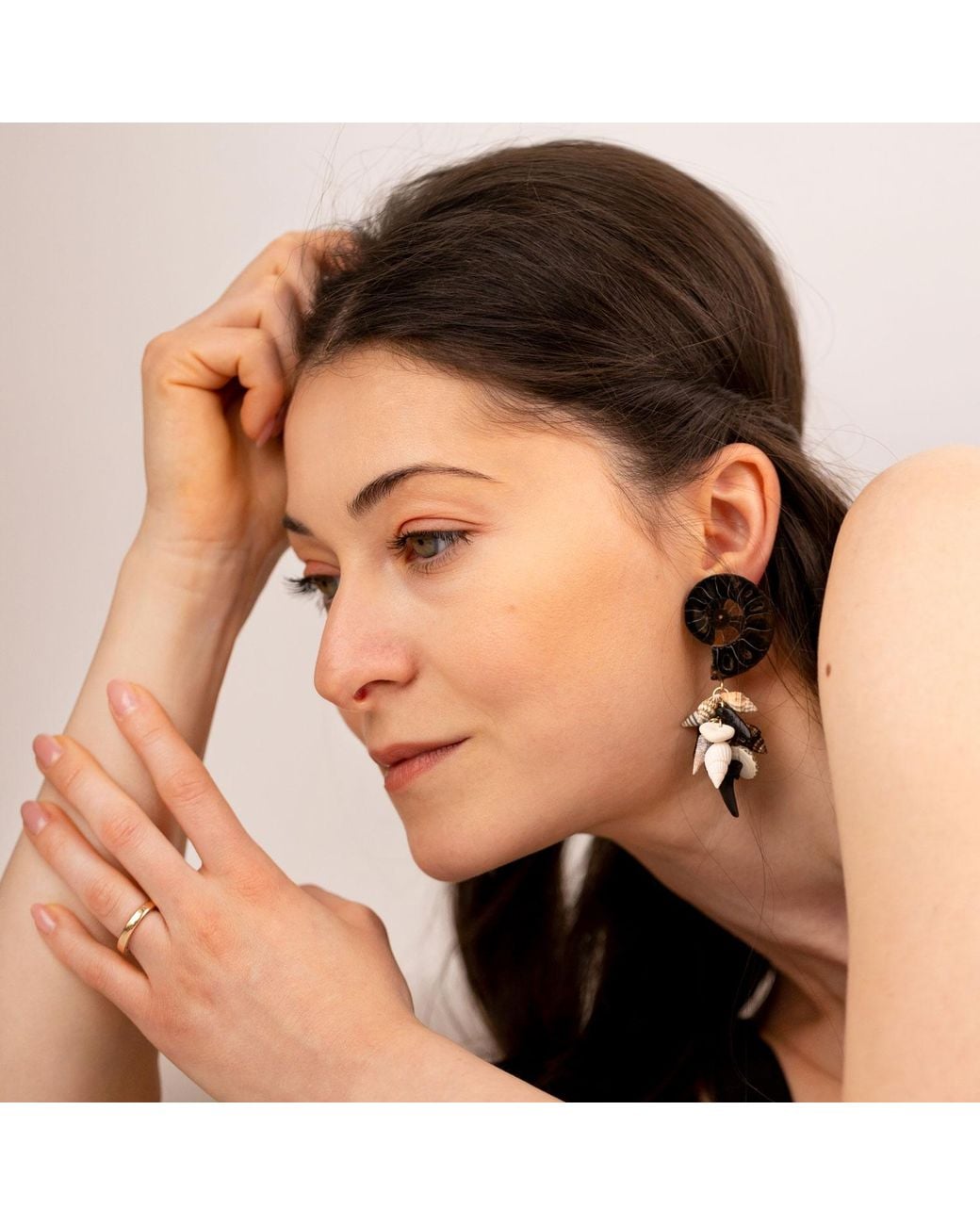 Oana Savu Black Neutrals Sea Treasures Ammonite Shells Shark Teeth Fossils & One Of A Kind Earrings