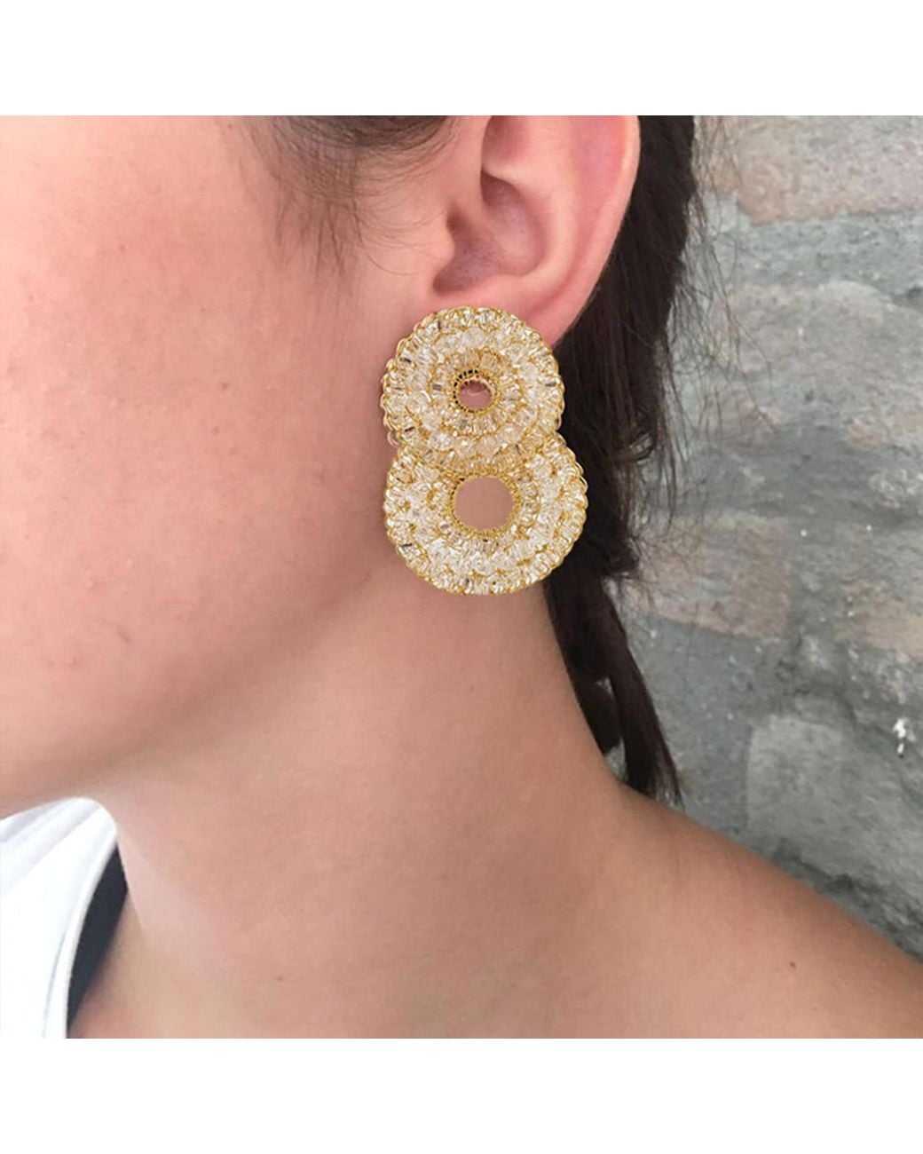Lavish by Tricia Milaneze Metallic Crystal Clear Handmade Crochet Small Double Hoops Earrings
