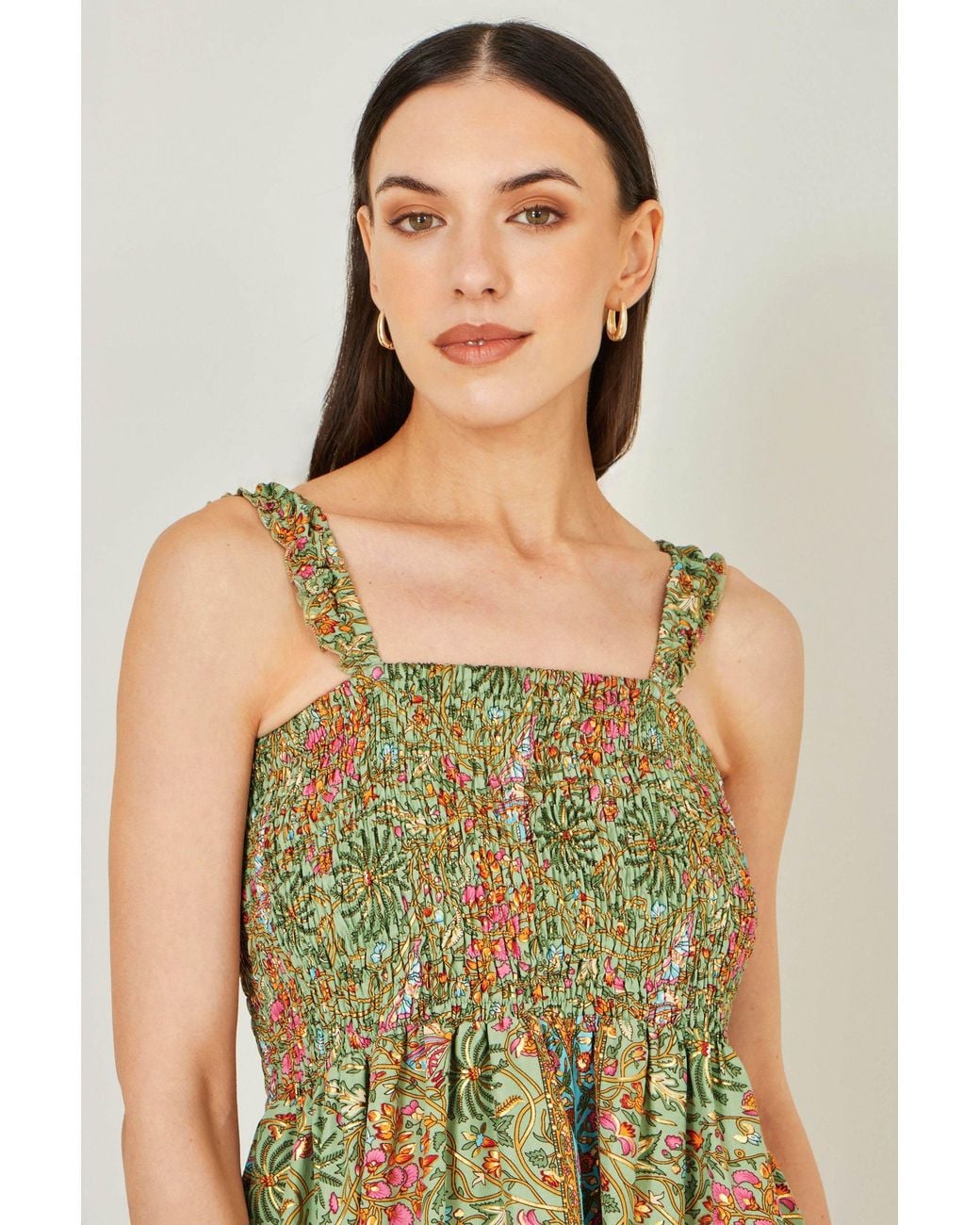 Yumi' Green Foil Palm Print Ruched Maxi Dress With Border Detail
