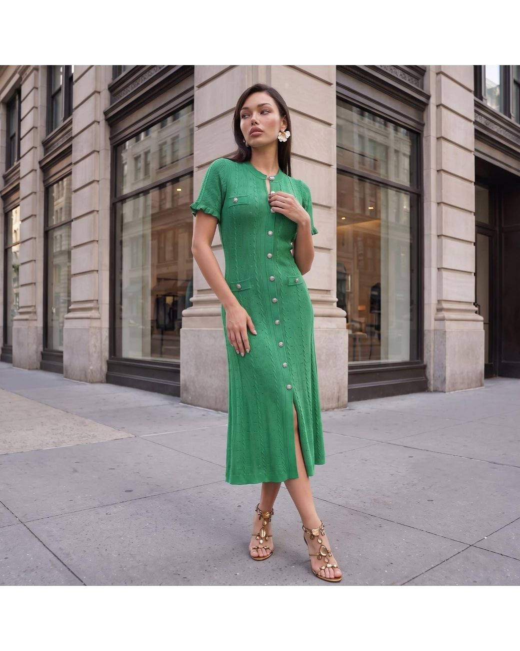 Modenaire Green Textured Knit Midi Dress Refined Button Front