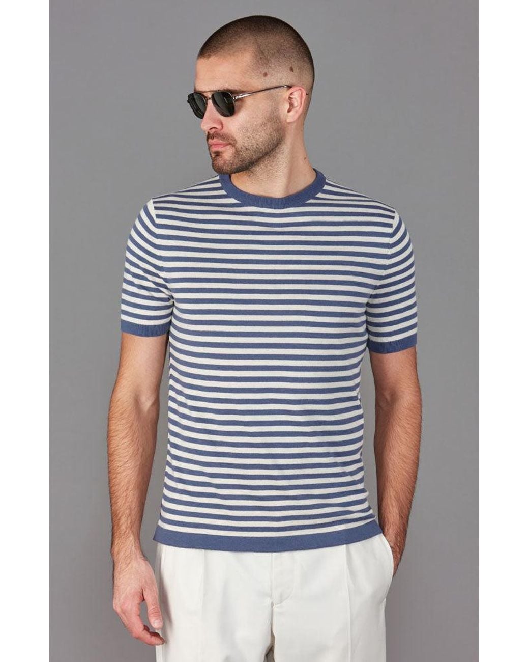 Paul James Knitwear Blue Mens Ultra-fine Cotton Miguel Knitted Breton T-shirt for men