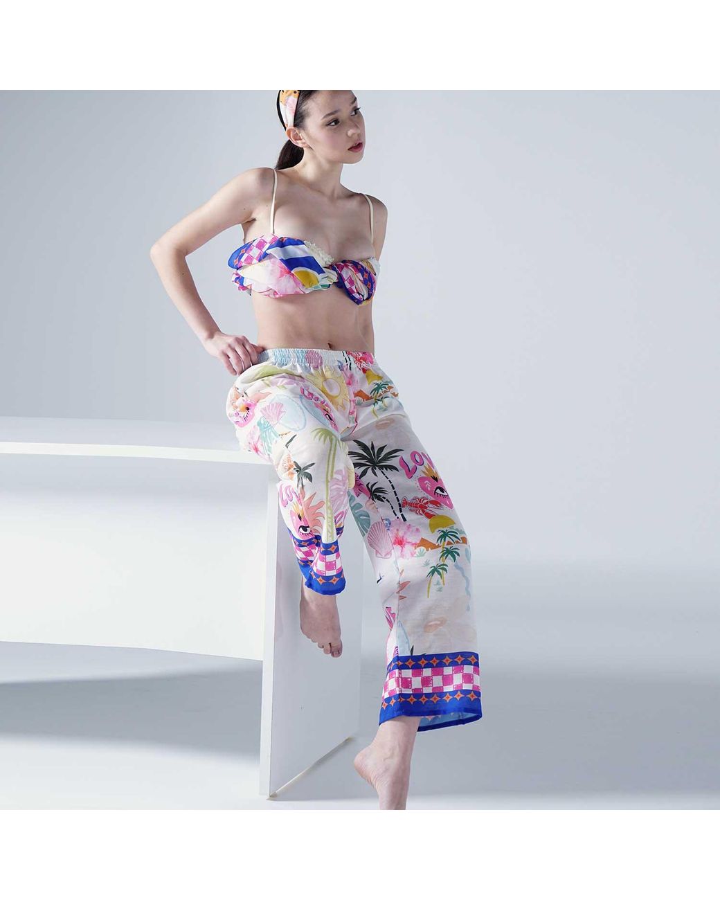 LOVEIST STORE Multicolor Mercy Tropical Print Wide Leg Resort Trousers