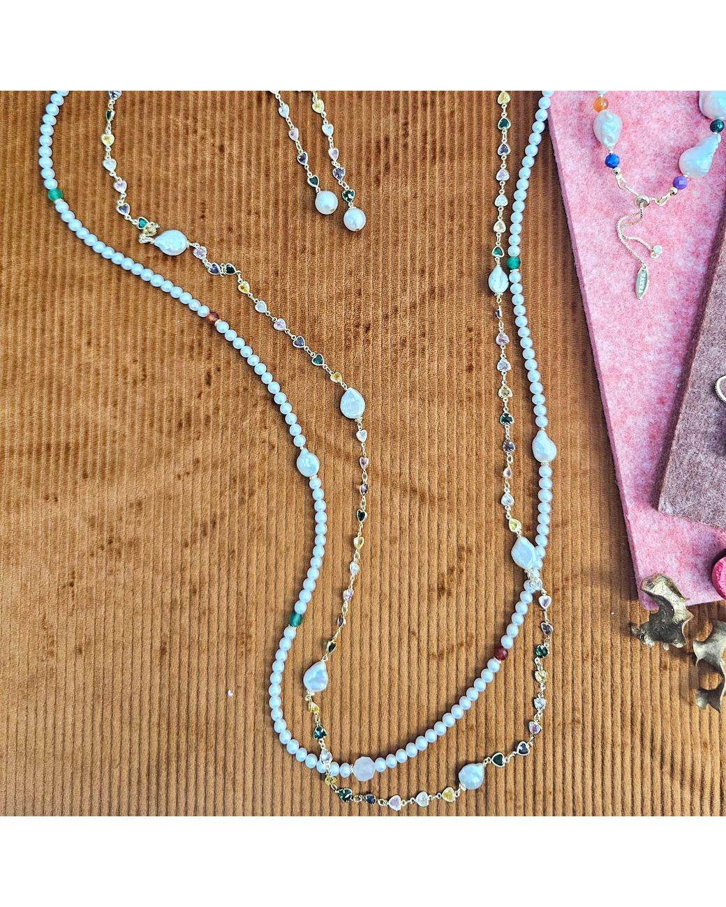 Farra White Colorful Heart Zircon Chain With Baroque Pearls Long Station Necklace
