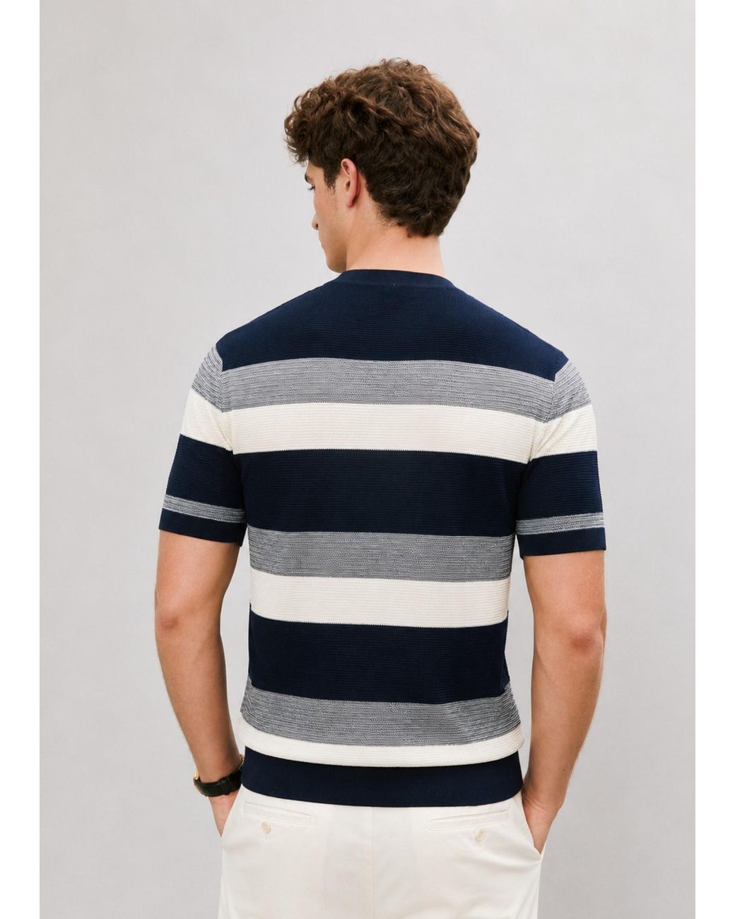Vayla Blue Neutrals & Short Sleeve Striped Knitted Top for men