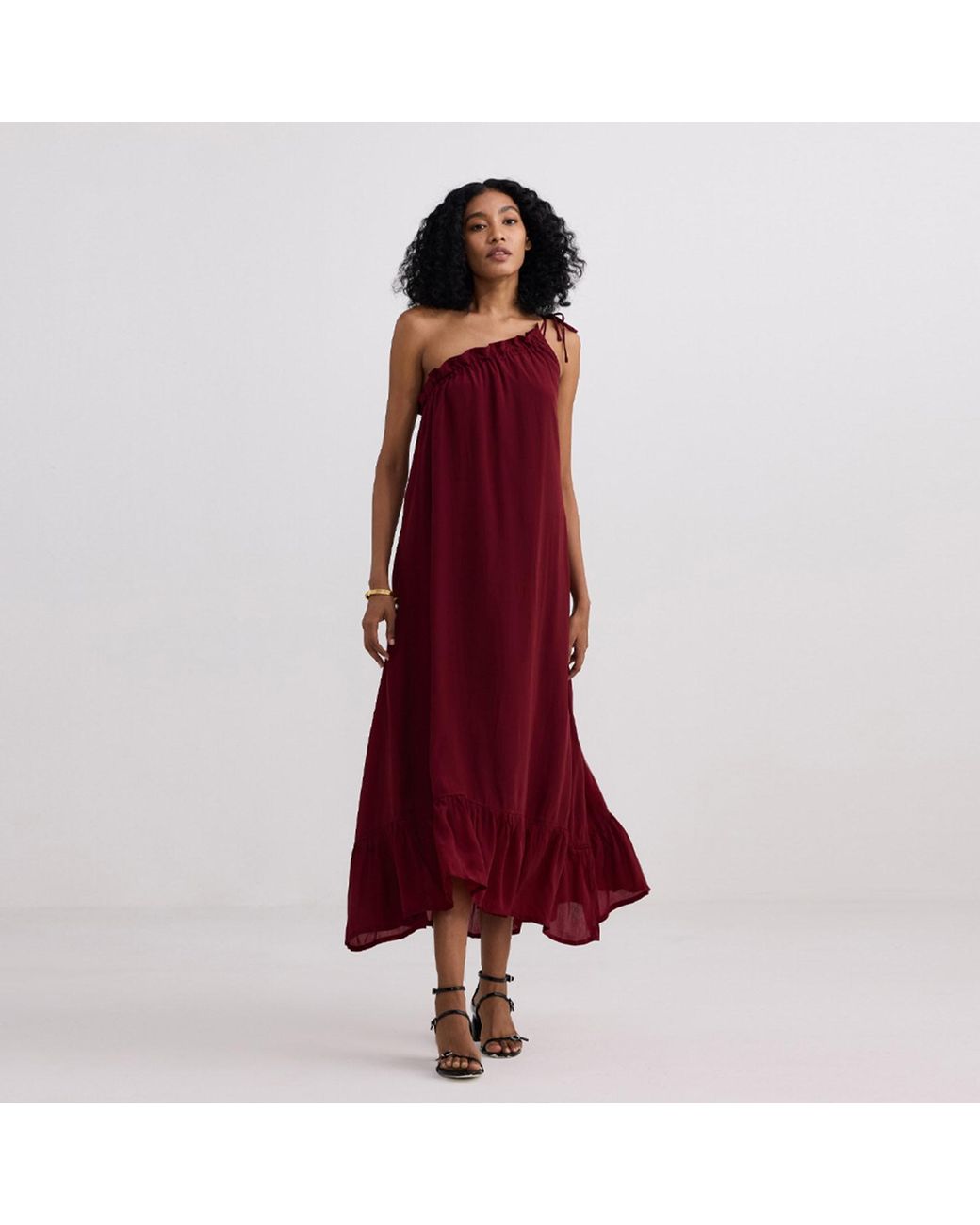 REISTOR Red One-Shoulder Midi Crepe Dress