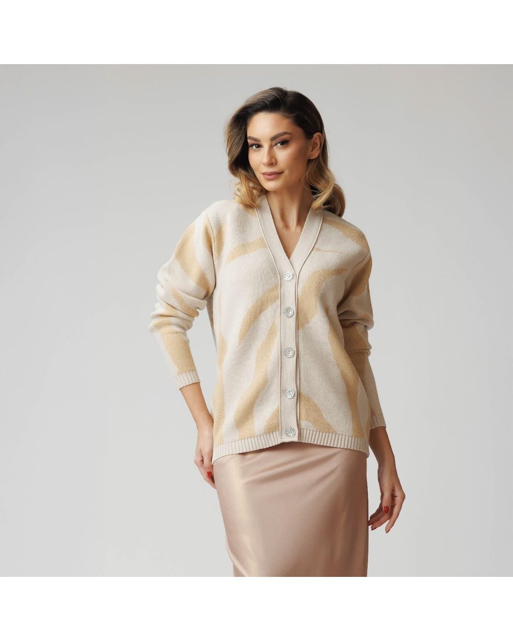 concept A trois Natural Neutrals Cream& Printed Cardigan With V Neckline, Knitted, With Crystal Buttons