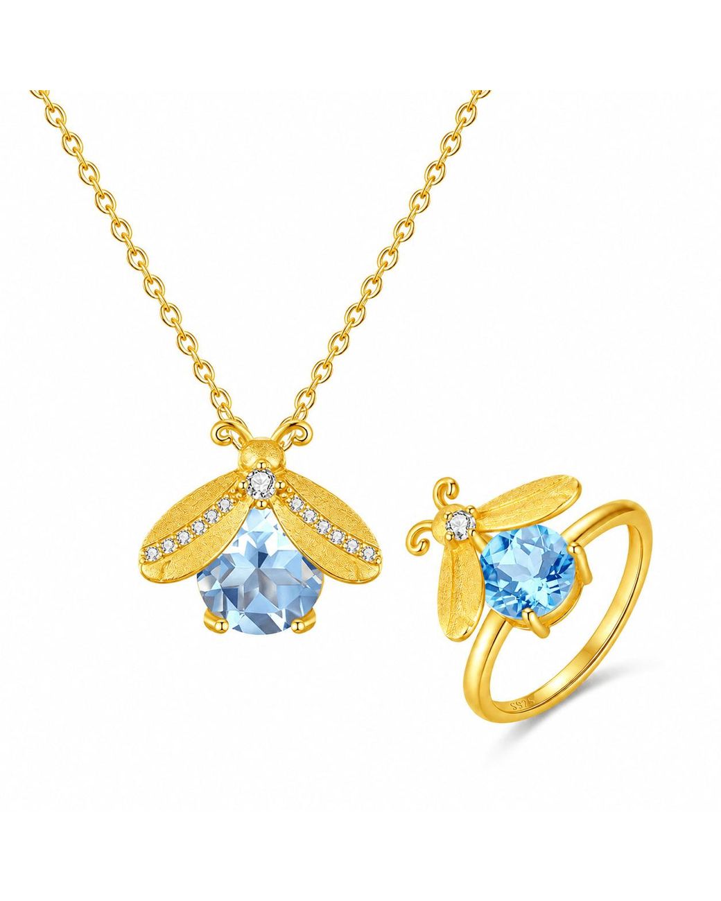 Ormiro Metallic Summer Firefly Topaz Vermeil Necklace & Ring Jewelry Set