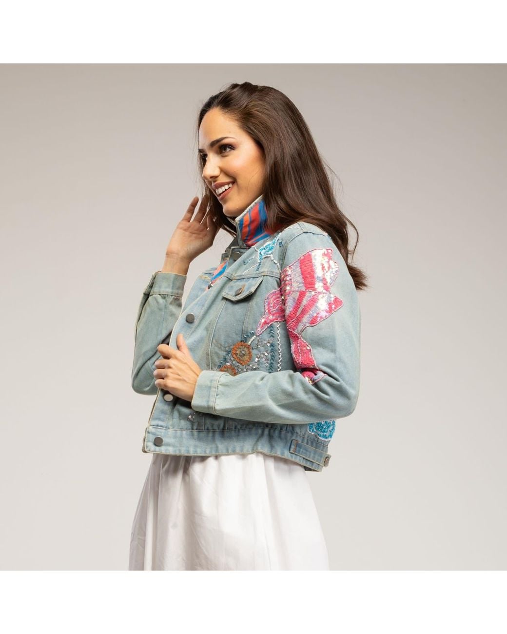 Tantra Spain Sl White Denim Jacket With Embroidered Butterfly Design And Sequins