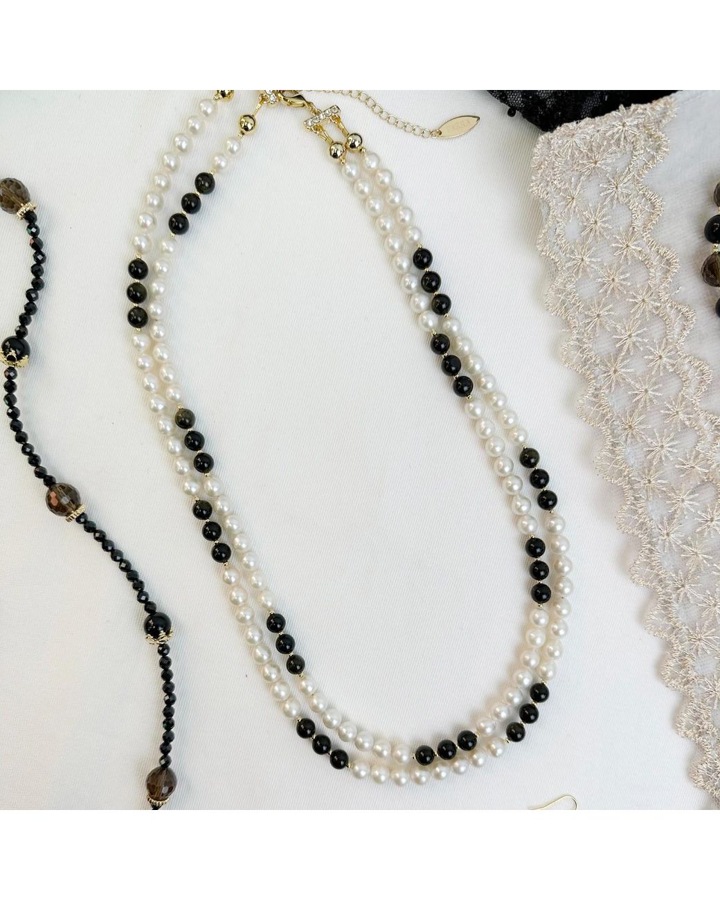Farra Metallic Timeless Obsidian & Freshwater Pearls Double Layers Necklace