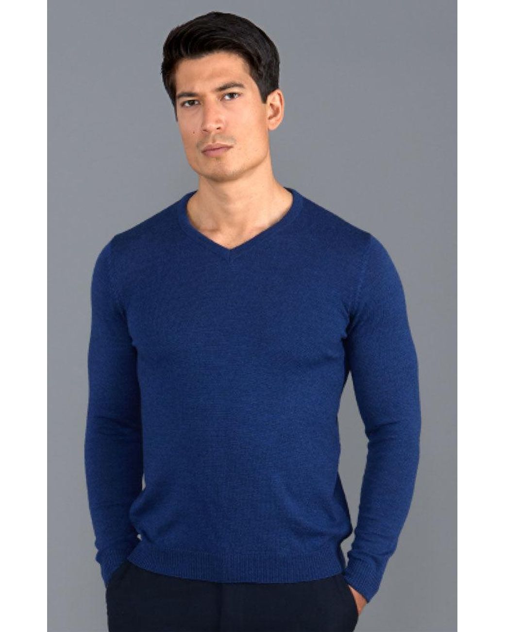 Paul James Knitwear Blue Extra Fine Merino Wool Chester V-Neck Jumper for men
