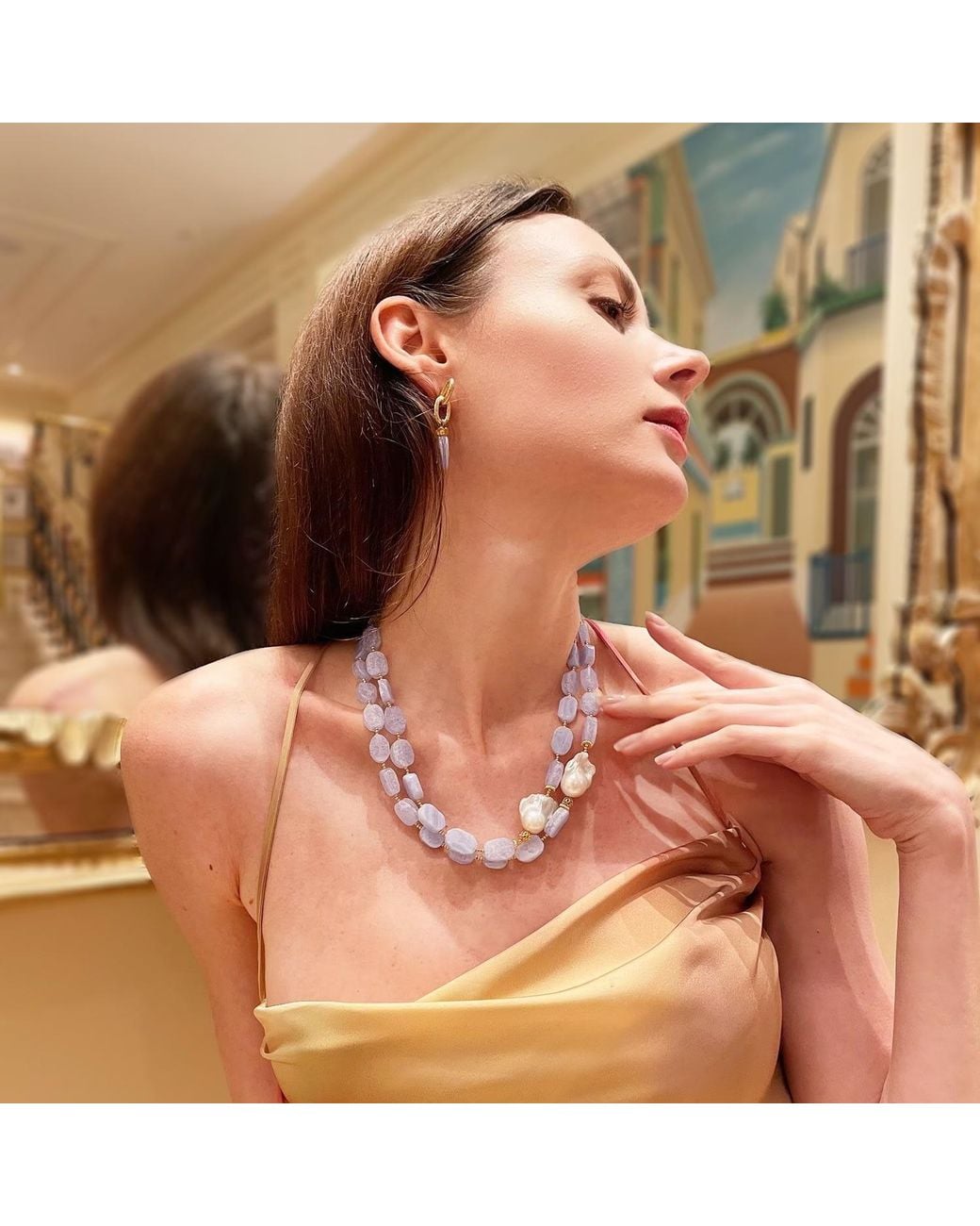 Farra Blue Lace Agate Double Strands Statement Necklace