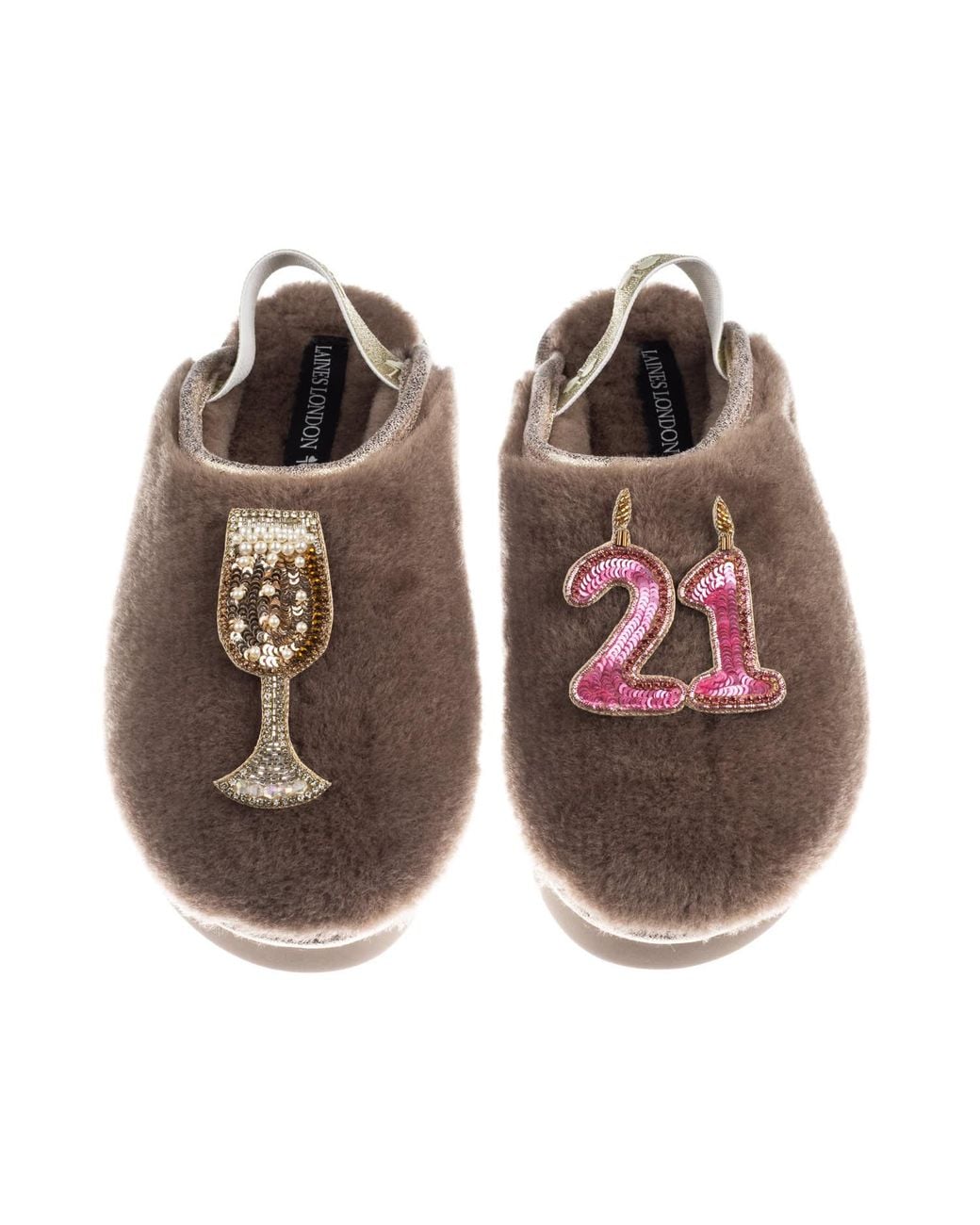 Laines London Brown Neutrals Flatform Cloud Closed Toe Slippers With 21St Birthday & Champagne Glass Brooches