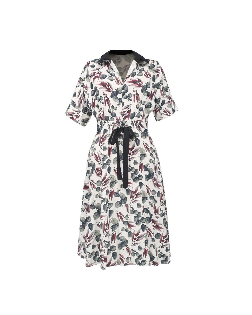 Smart and Joy White Fit-And-Flare Leaves Print Dress With Wide Belt