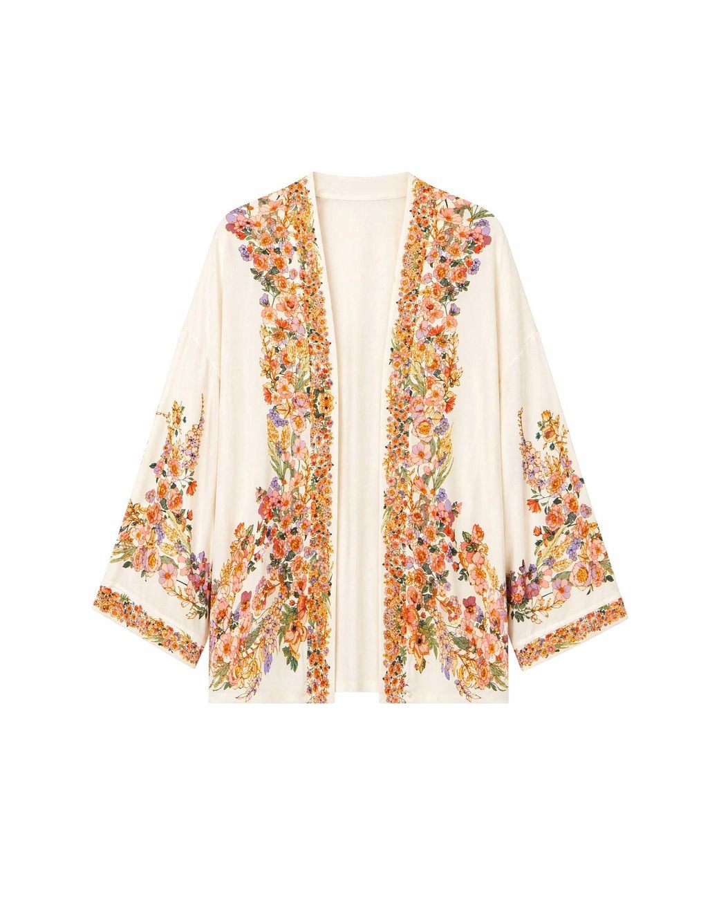 Yumi' Metallic Neutrals Ivory Viscose Floral Border Kimono With Tie Belt