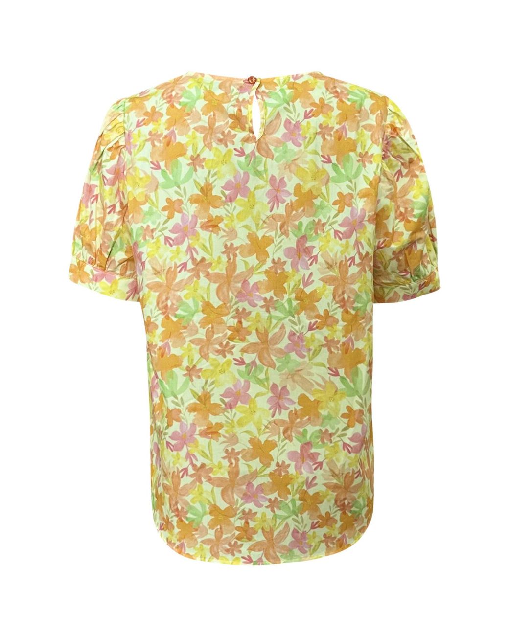 Perlavera Yellow Daniel Cotton Peach Strings Printed Puff Sleeve Shirt With Eyelets