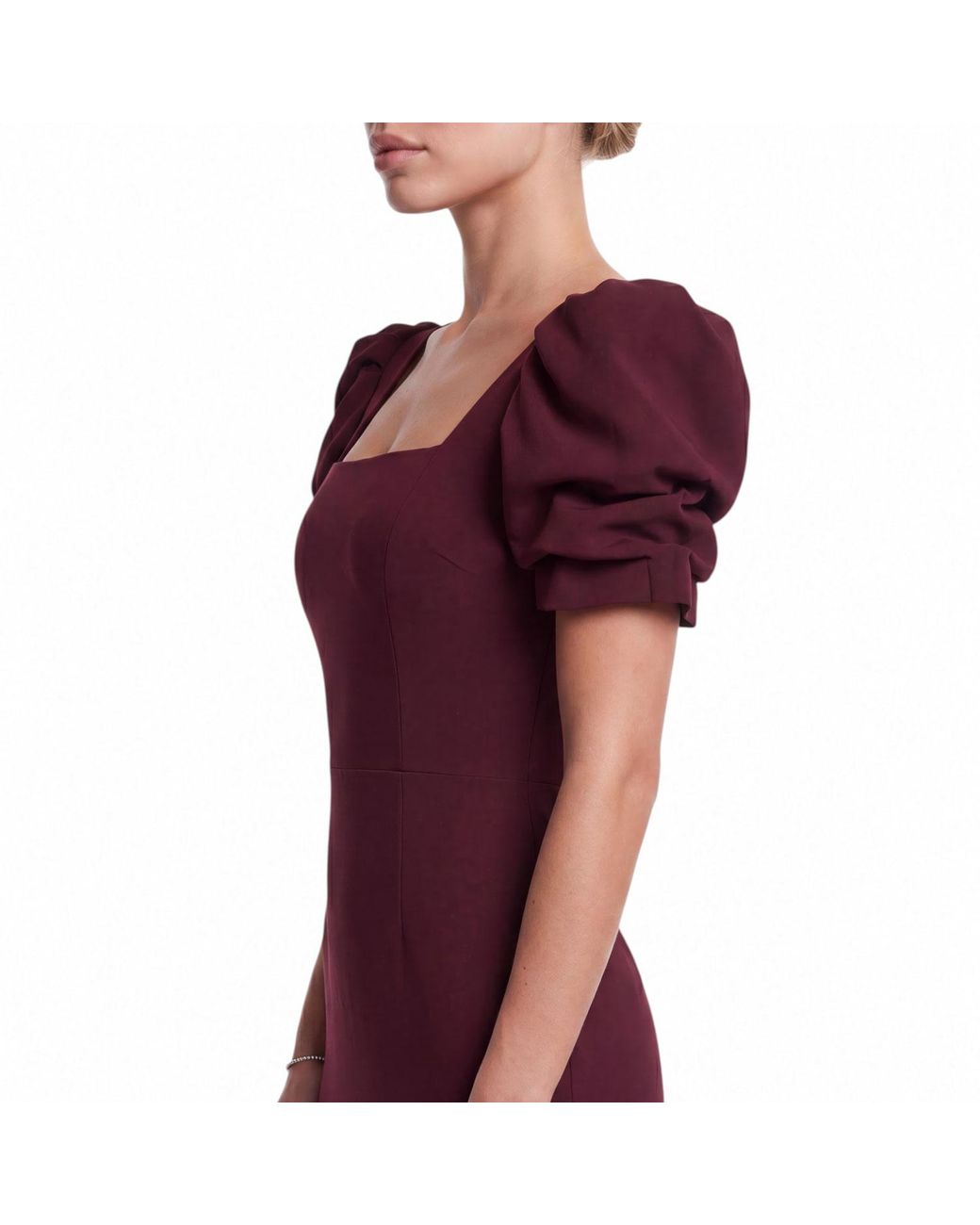 POST MERIDIEM Purple Vinous Godet Silhouette Square Neck Midi Dress