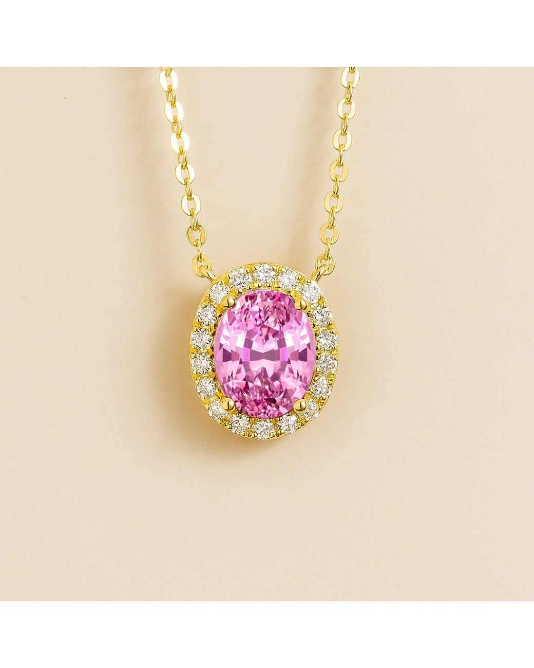 Juvetti Pink Mina Oval Sapphire & Diamond Halo Necklace
