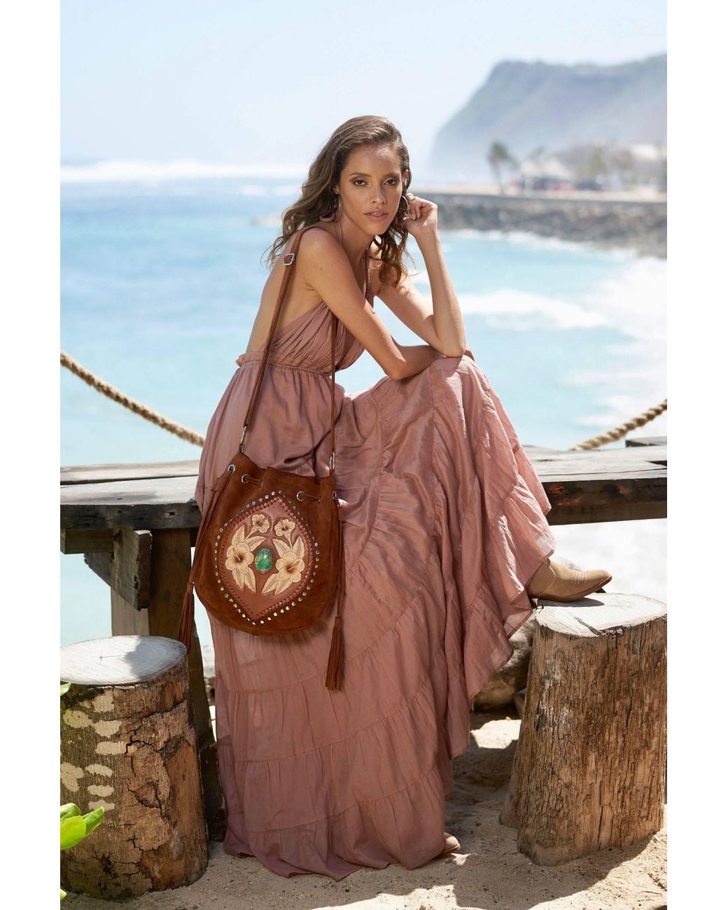 Jodi Lee Brown Hula Hibiscus Pouch Bag Tobacco