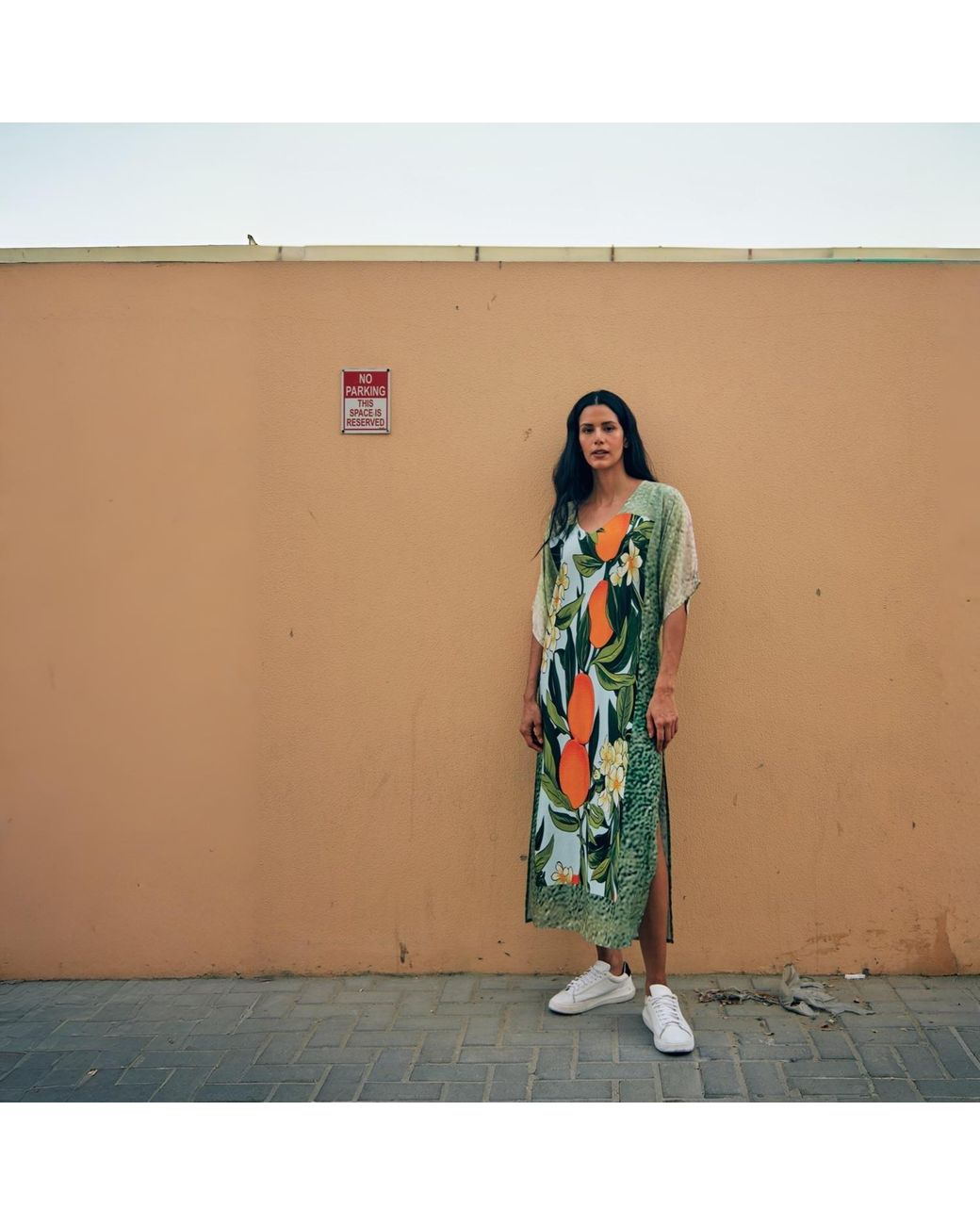 DHARA SHETH DUBAI Green Fleur & Fruit Vintage Long Kaftan Dress With Side Slits