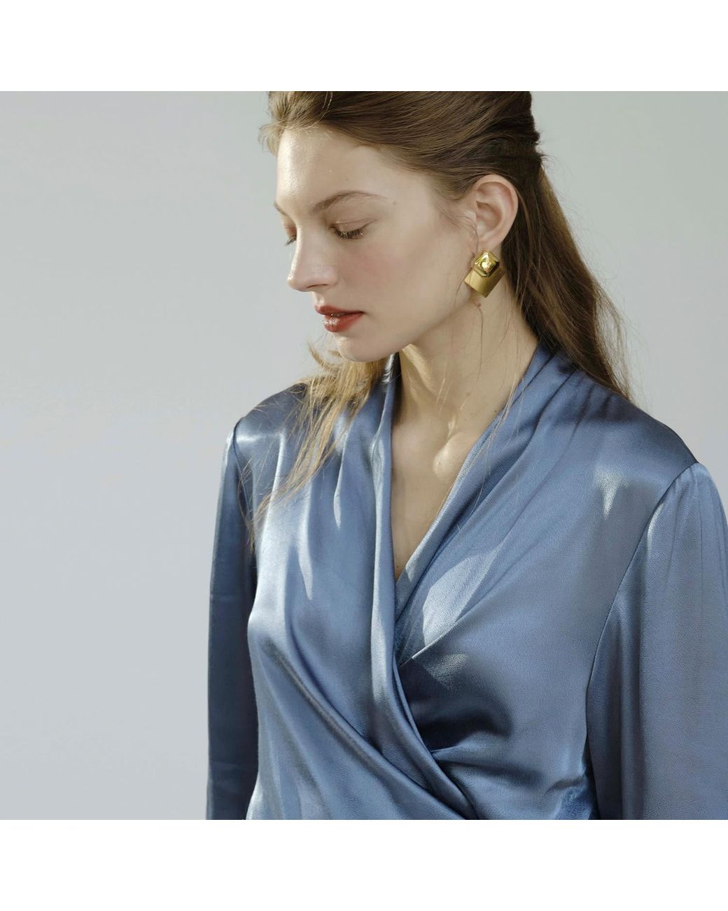 Belsize25 Blue Dusty Satin Draped Wrap Blouse