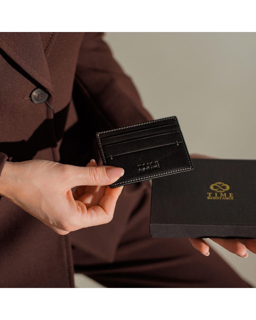 Time Resistance Black Leather Credit Card Case Business Card Case