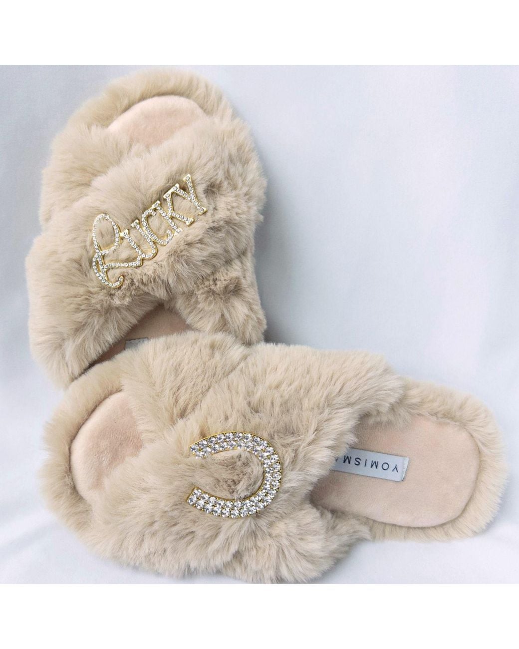 Yomisma Natural Neutrals Eco Faux Fur Slippers – Recycled Faux Fur With Lucky + Horseshoe Embellishment
